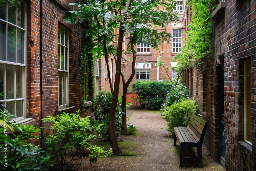 A quiet, compact urban courtyard with a small patch of greenery