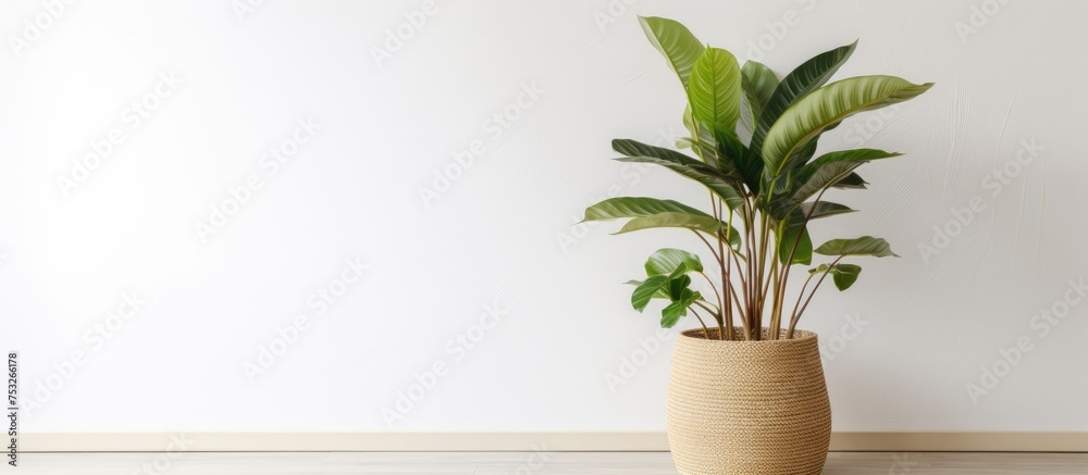 Houseplant in a wicker pot by a white wall indoors - obrazy, fototapety, plakaty 