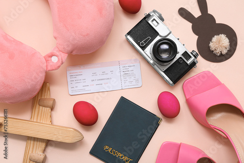 shoes with passport, camera...