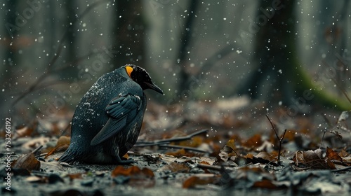 a black bird is sitting on the ground in the rain with it's head turned away from the camera. photo