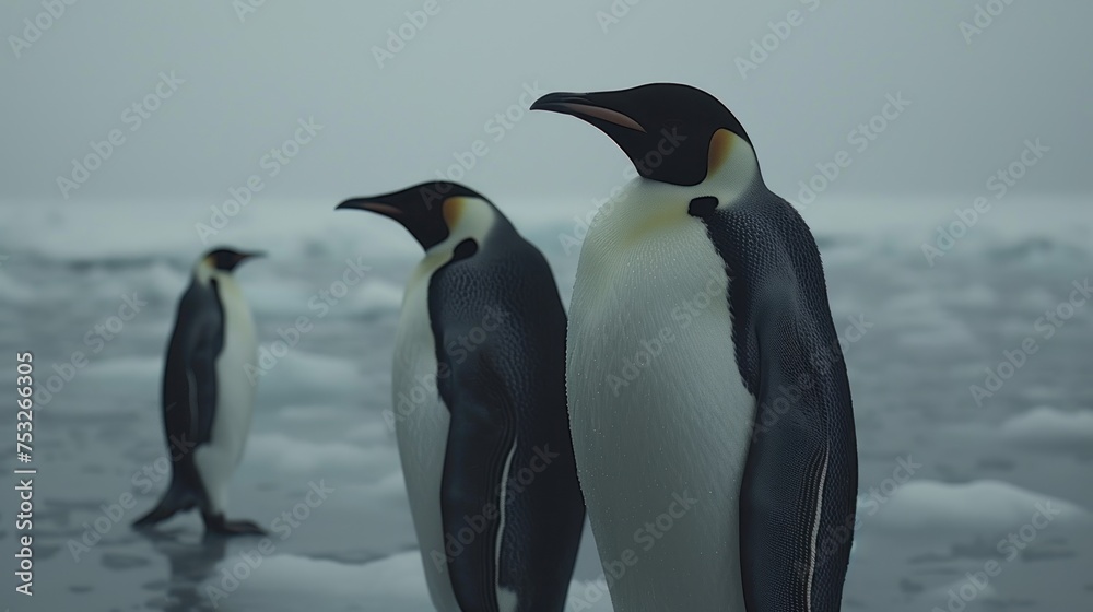 Fototapeta premium a group of penguins standing on top of an ice floese covered in snow and ice floese.