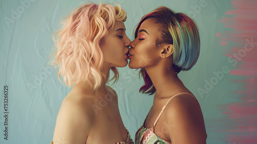 LGBTQ young woman couple kissing, romantic scene, colored hairs, young lesbians iis hugging photo