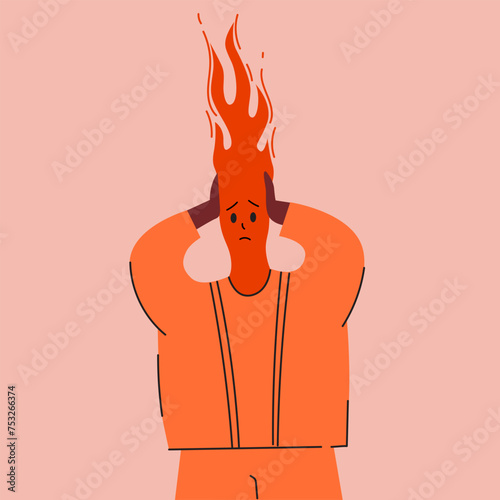 Emotional burnout concept. Work burnout. Psychological disorder. Tired businessman with burning head. Burning man. Depression, fatigue concept. Low efficiency. Human under stress. Stressed man