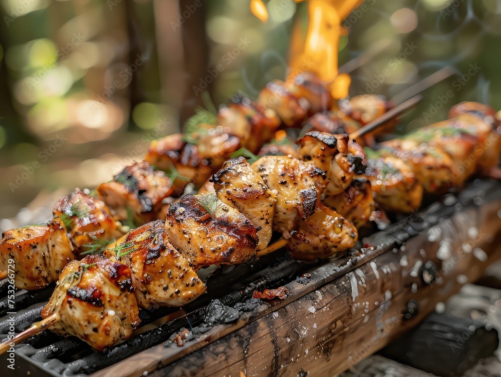 Picnic Day Delight - Sizzling Chicken Skewers - Nature's Beauty Frames - Friends and Family Gather Around, Aromas of Grilled Chicken and Pine Trees Filling the Air, Creating a Feast in Nature