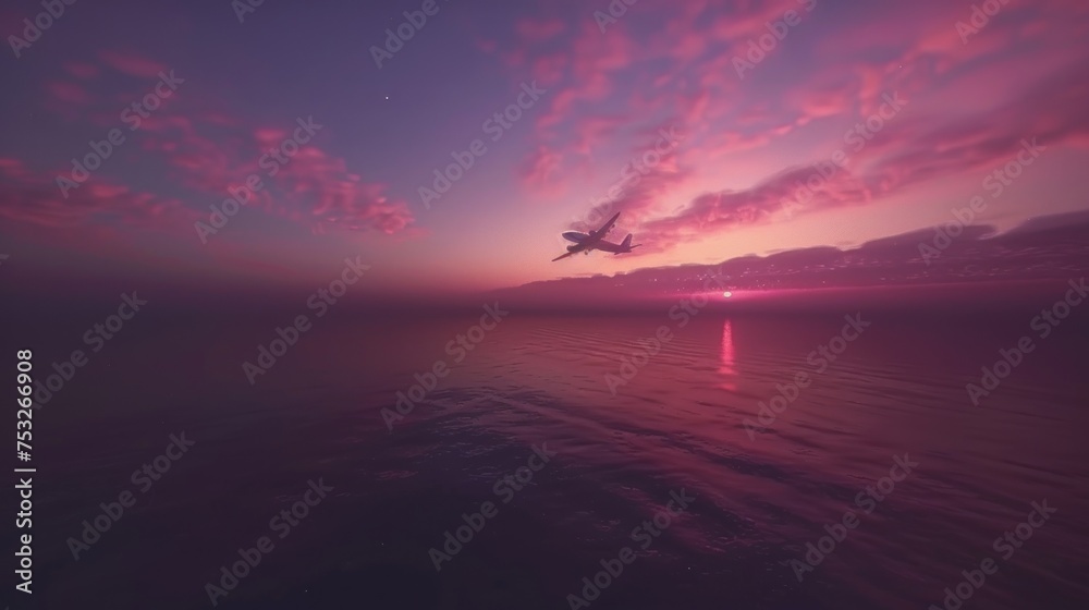 a plane flying over a body of water with a sunset in the backgrounnd of the picture and a plane flying over the water with a sunset in the backgrouund.