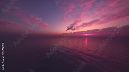 a plane flying over a body of water with a sunset in the backgrounnd of the picture and a plane flying over the water with a sunset in the backgrouund.