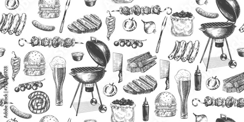 Seamless pattern with grilled meat and bbq equipment. Background with bbq food and tool. Hand drawn grilled steak, sausage, ribs, vegetables, burger. Charcoal and wood for grilling. Kitchen utensils