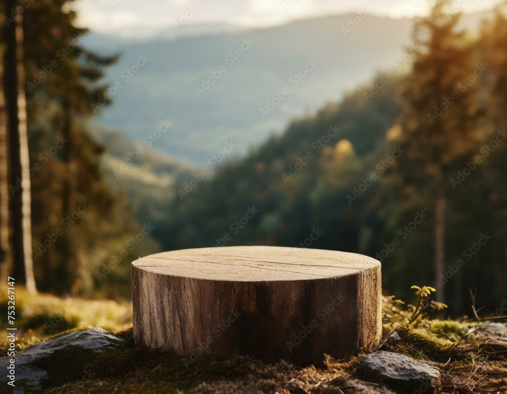 Wooden podium on forest background. Product presentation