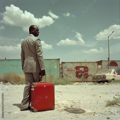 black businessman with red suitcase waiting for transport on a sandy streeet photo