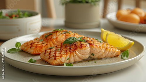 a white plate topped with fish next to a bowl of oranges and a plate with a lemon and a lemon wedge.