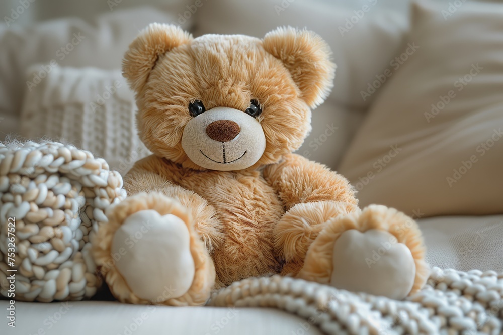 Brown Teddy bear sits on couch beside knitted beige blanket