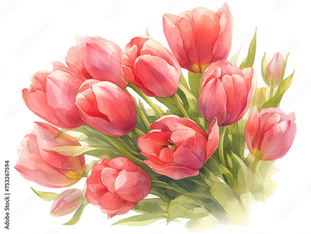 Watercolor illustration of red tulips bouquet on white