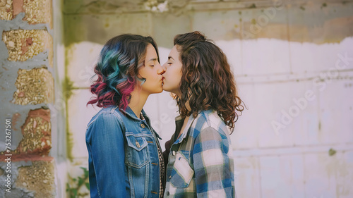 LGBTQ young woman couple kissing, romantic scene, colored hairs, young lesbians iis hugging © Gegham