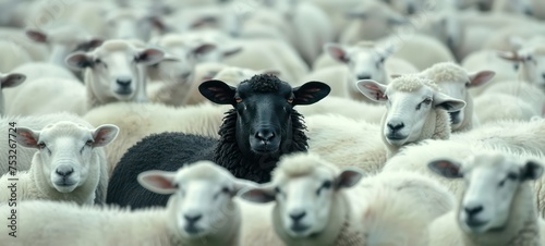 black sheep among a flock of white sheep, raising head as a leader