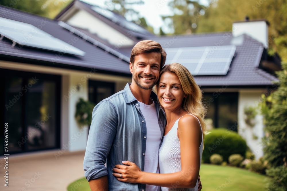A happily married couple poses in front of their solar-panelled house A happily married couple poses in front of their solar-panelled house