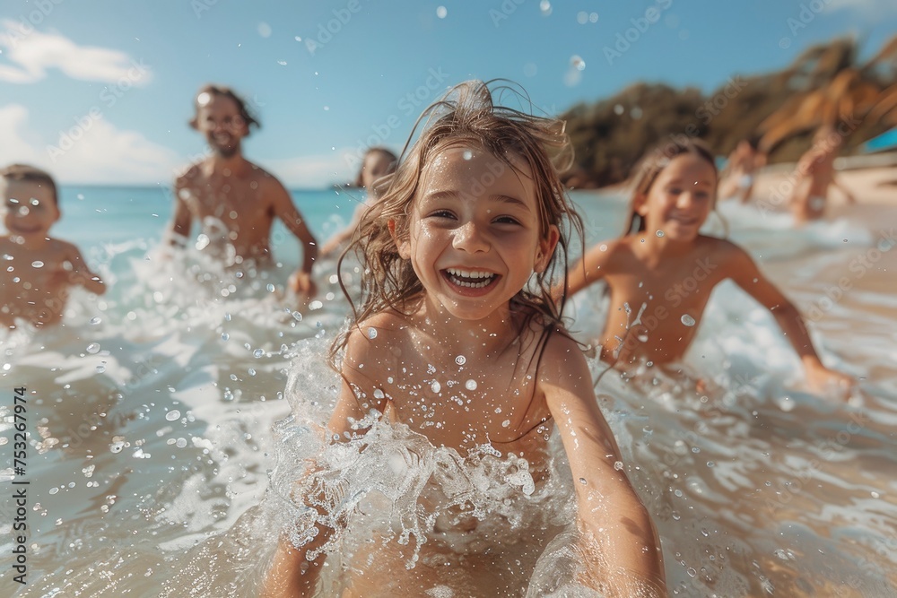 Vacation concept. The whole family swims and has fun Vacation concept. The whole family swims and has fun