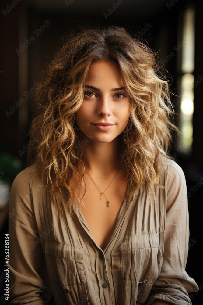 Blonde woman with curly hair sitting in a chair. story size Blonde woman with curly hair sitting in a chair. story size