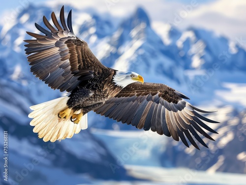 Majestic Eagle Soaring - Strong and Beautiful Eagle Gliding Through Expansive Blue Skies - Powerful Wings Outstretched Against Majestic Mountains