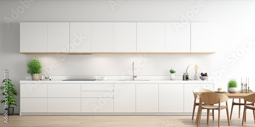 Modern white kitchen interior, seen from the front, with a simplistic yet luxurious vibe.