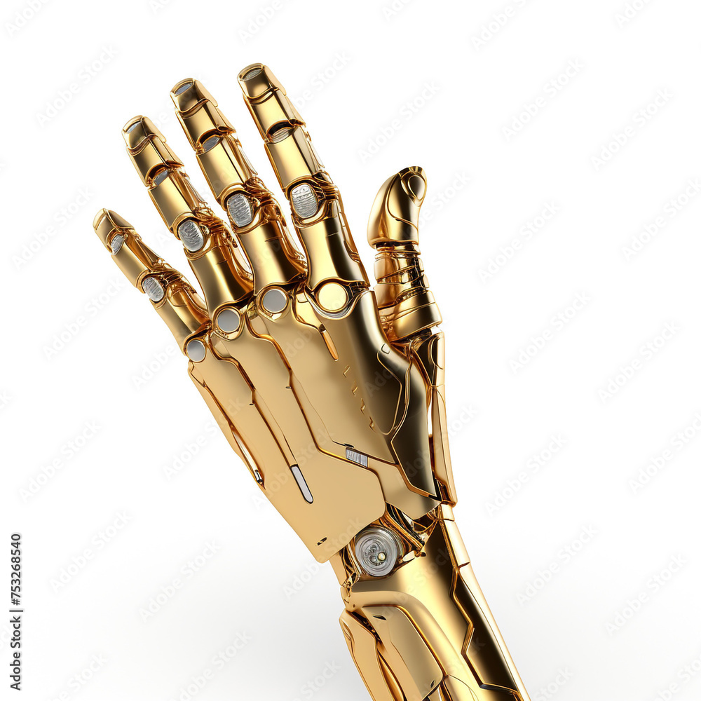 Naklejka premium golden hand of futuristic robot on white background сreated with Generative Ai