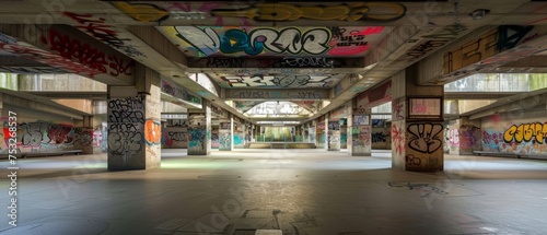 Empty underground subway station with graffiti wall abstract background. Idea for artistic pop art background backdrop. Empty open space interior background. Template 3d rendering. Generative ai