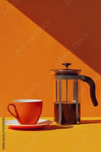 A cup of coffee next to a French press in a minimal style. Coffee break. Morning ritual