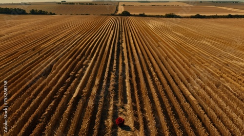 an aerial view of a farmer's field with a crop of hay and a person standing in the distance. photo