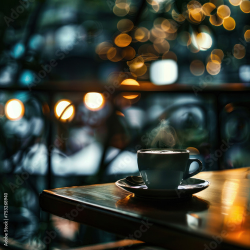 Fresh hot cup of coffee on an outdoor table with ambient lighting.