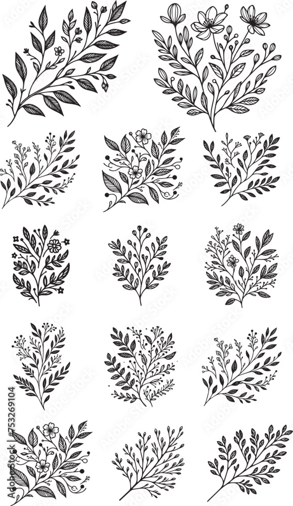 decoration elements with floral ormanents branches and leaves set
