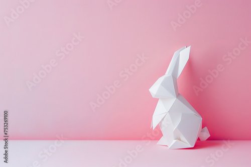 White Easter bunny made of paper on pink background, Minimal concept.
