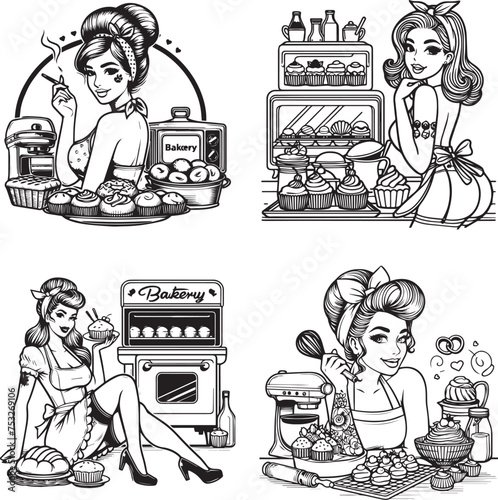 vector hand drawing pin-up girl, women beauty bakery cakes