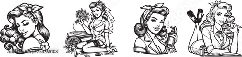 vector hand drawing pin-up girl, women beauty set