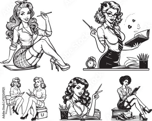 black and white illustration of pin-up teacher girls shilouette vector