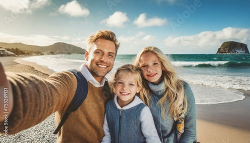 Young family with children taking selfie shot at the beach 
