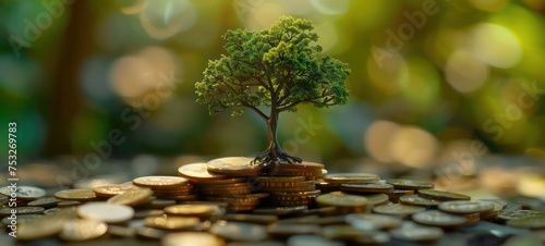 Small trees on a pile of gold coins and a natural green background. Money saving ideas.
