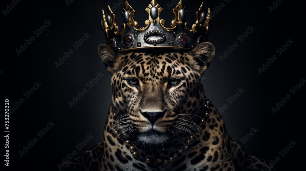 Portrait of an anthropomorphic jaguar with a crown on its head. The medieval king