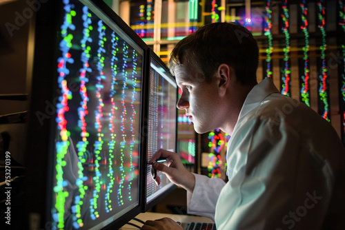 Bioinformatics scientists analyze genomic data on computers, deciphering genetic codes to uncover insights into diseases, evolutionary relationships, and biodiversity.