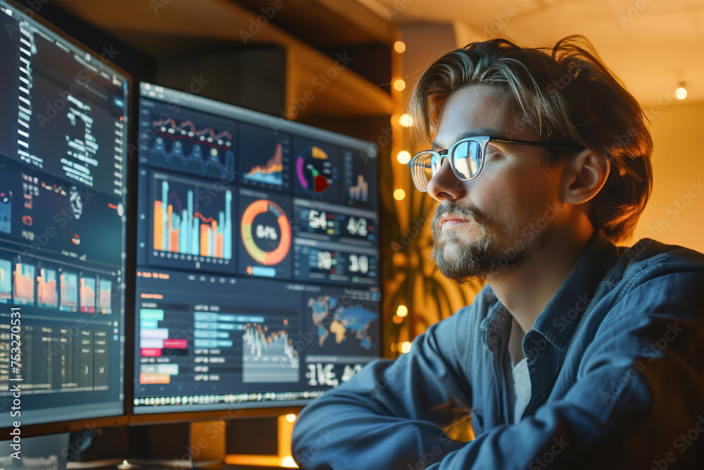 A digital marketing strategist analyzes data analytics on multiple screens, devising online campaigns, optimizing SEO, and enhancing social media presence for brand engagement.