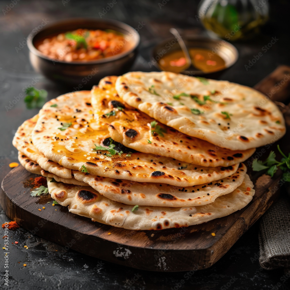 Fresh naan stacked on a wood cutting board.