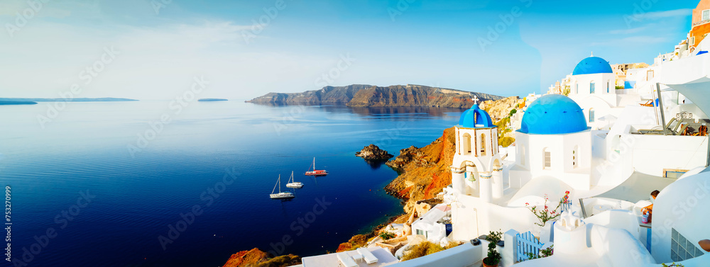 white church belfry, blue domes and volcano caldera with sea landscape, beautiful details of Santorini island, Greece, wide web banner format - obrazy, fototapety, plakaty 