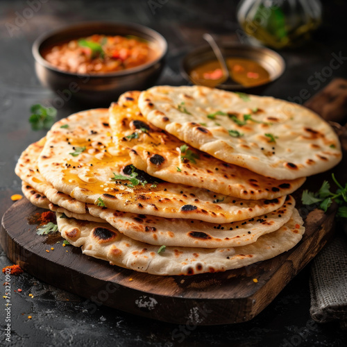 Fresh naan stacked on a wood cutting board.