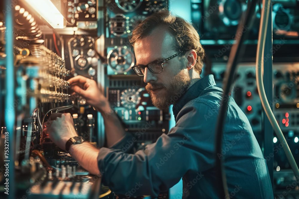 Quantum computing engineer calibrating qubits in a sophisticated laboratory, fine-tuning quantum algorithms for unprecedented computational power.
