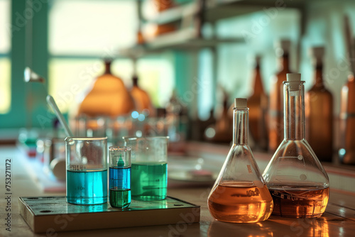 A row of beakers filled with different colored liquids in scientific chemical research laboratory