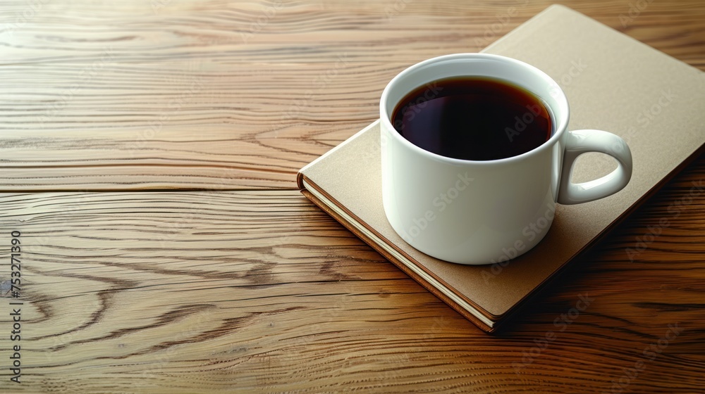 Obraz premium a cup of coffee sitting on top of a book on top of a wooden table next to a cup of coffee.