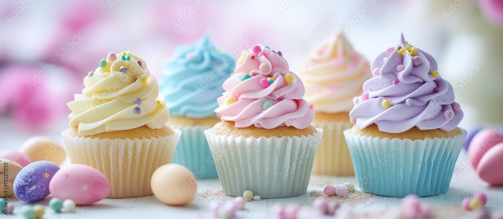 Easter-themed cupcakes, pastel hues, shallow focus.