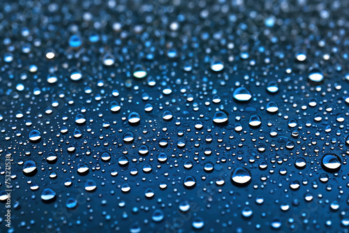 Detalles de gotas de lluvia sobre una superficie azul con desenfoque selectivo.