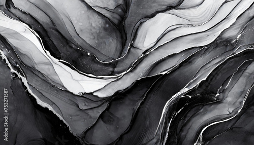 Abstract fluid art background black and white colors. Liquid marble. Acrylic painting photo