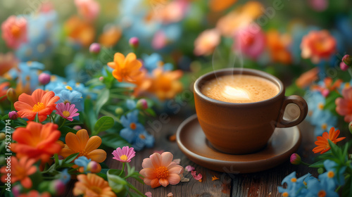 Steaming hot cup of coffee and colorful flowers of vibrant colors on a wooden table