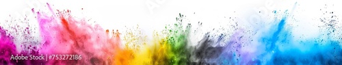 Colored powder explosion, abstract dust on white background. Banner 16:3 for bright Indian colorful festival Holi. Concept happy holiday of color, paint, splash paint colors vivid explode for party. photo