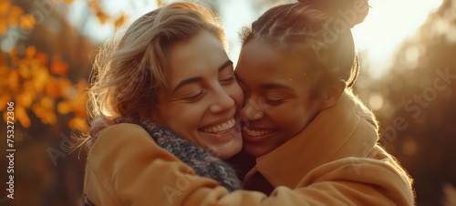 Mixed lesbian couple in love, girlfriends hugging and smiling in nature at sunset